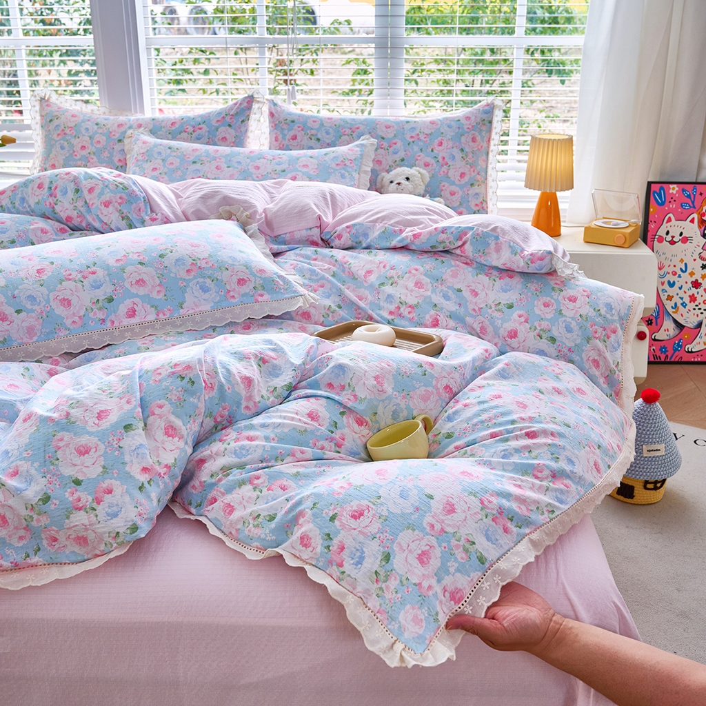 91家纺网 家纺一手货源 找家纺 （总）钰锦珀家纺 2026春夏新款云感皱皱纱镂空花边三件套四件套