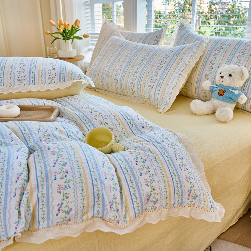 91家纺网 家纺一手货源 找家纺 钰锦珀家纺 2026春夏新款云感皱皱纱镂空花边三件套四件套 安娜花园