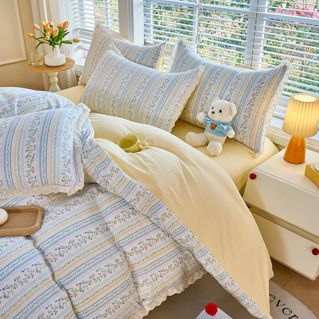 91家纺网 家纺一手货源 找家纺 钰锦珀家纺 2026春夏新款云感皱皱纱镂空花边三件套四件套 安娜花园