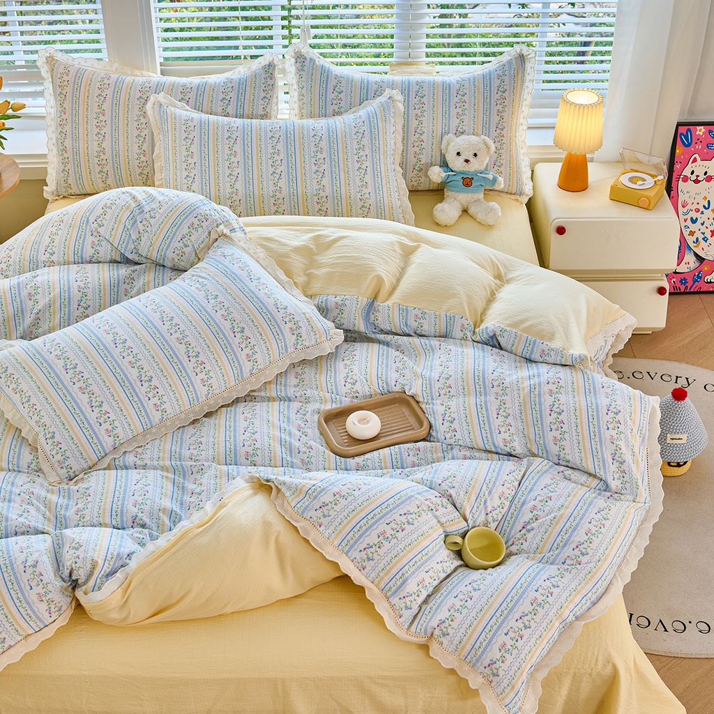 91家纺网 家纺一手货源 找家纺 钰锦珀家纺 2026春夏新款云感皱皱纱镂空花边三件套四件套 安娜花园