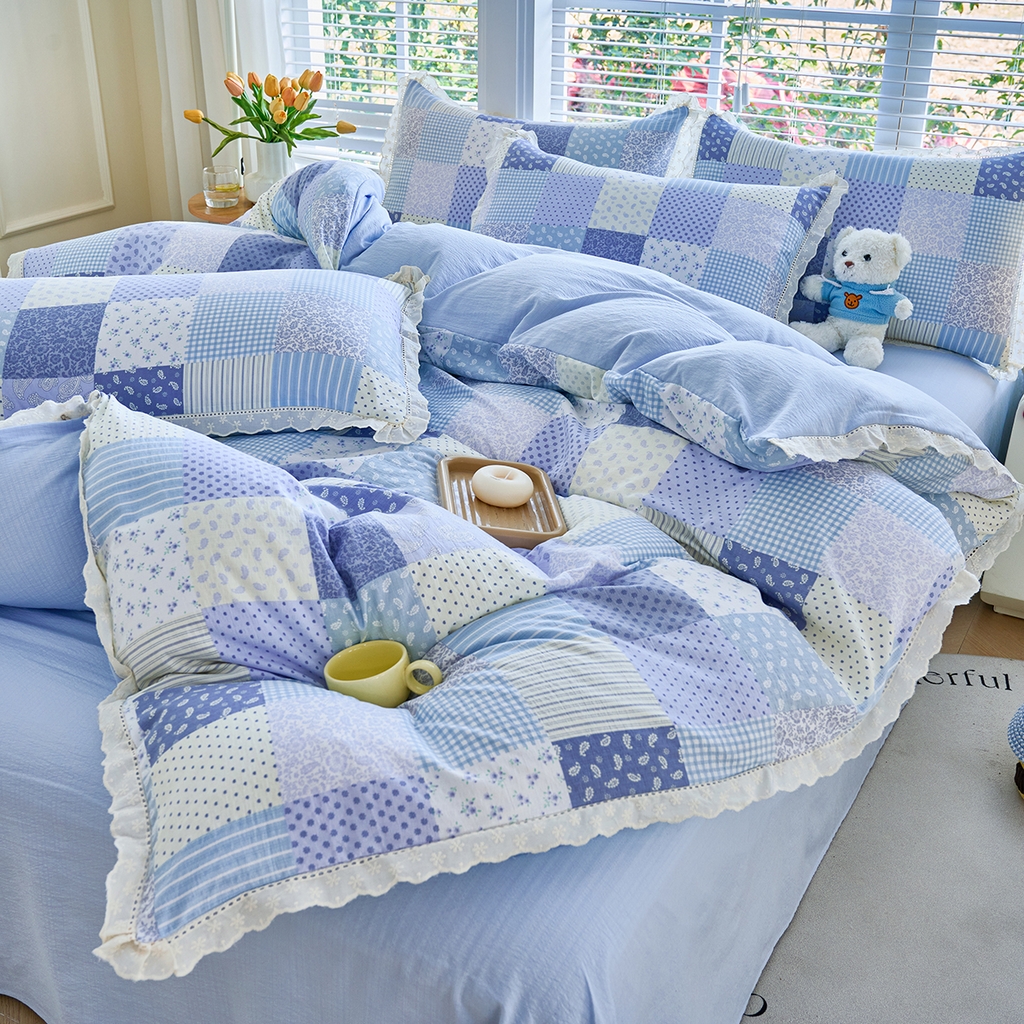 91家纺网 家纺一手货源 找家纺 钰锦珀家纺 2026春夏新款云感皱皱纱镂空花边三件套四件套 半亩花园