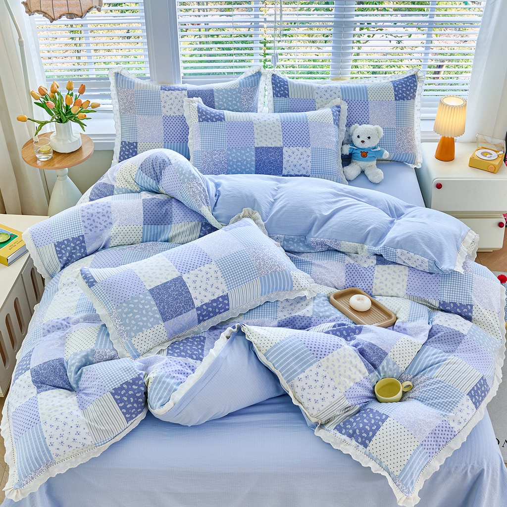 91家纺网 家纺一手货源 找家纺 钰锦珀家纺 2026春夏新款云感皱皱纱镂空花边三件套四件套 半亩花园