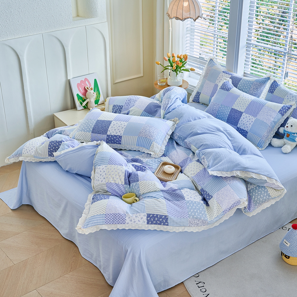 91家纺网 家纺一手货源 找家纺 钰锦珀家纺 2026春夏新款云感皱皱纱镂空花边三件套四件套 半亩花园