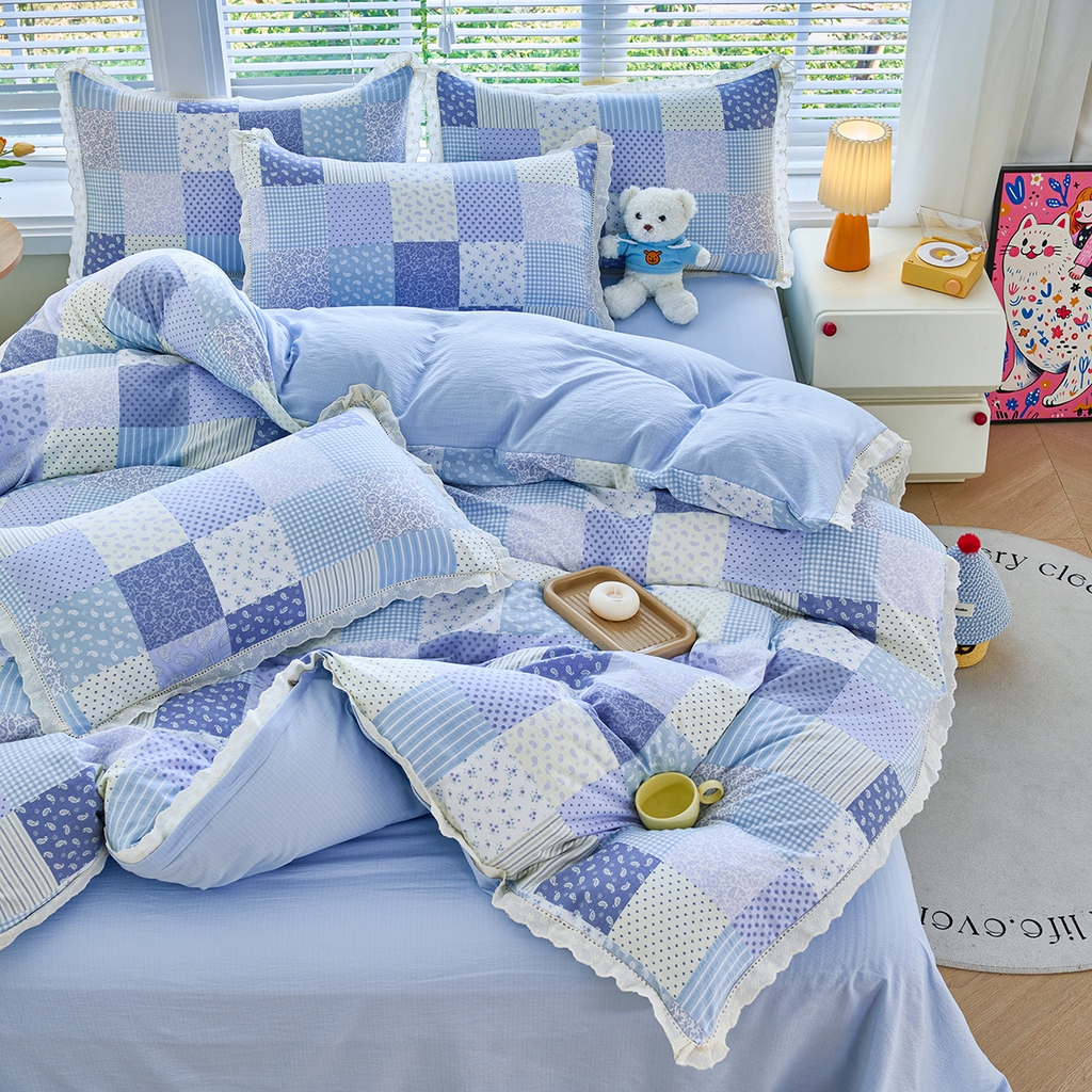 91家纺网 家纺一手货源 找家纺 钰锦珀家纺 2026春夏新款云感皱皱纱镂空花边三件套四件套 半亩花园