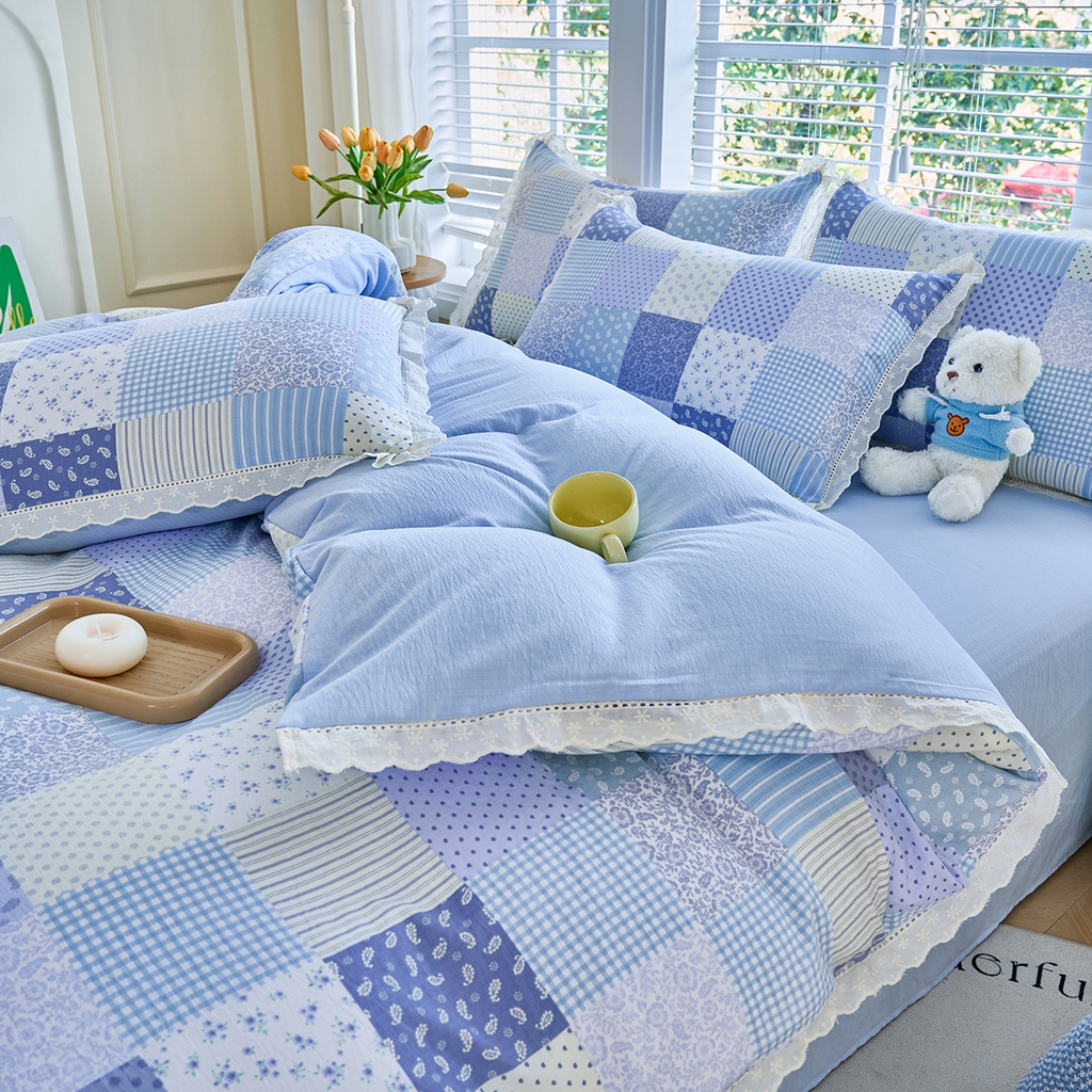 91家纺网 家纺一手货源 找家纺 钰锦珀家纺 2026春夏新款云感皱皱纱镂空花边三件套四件套 半亩花园