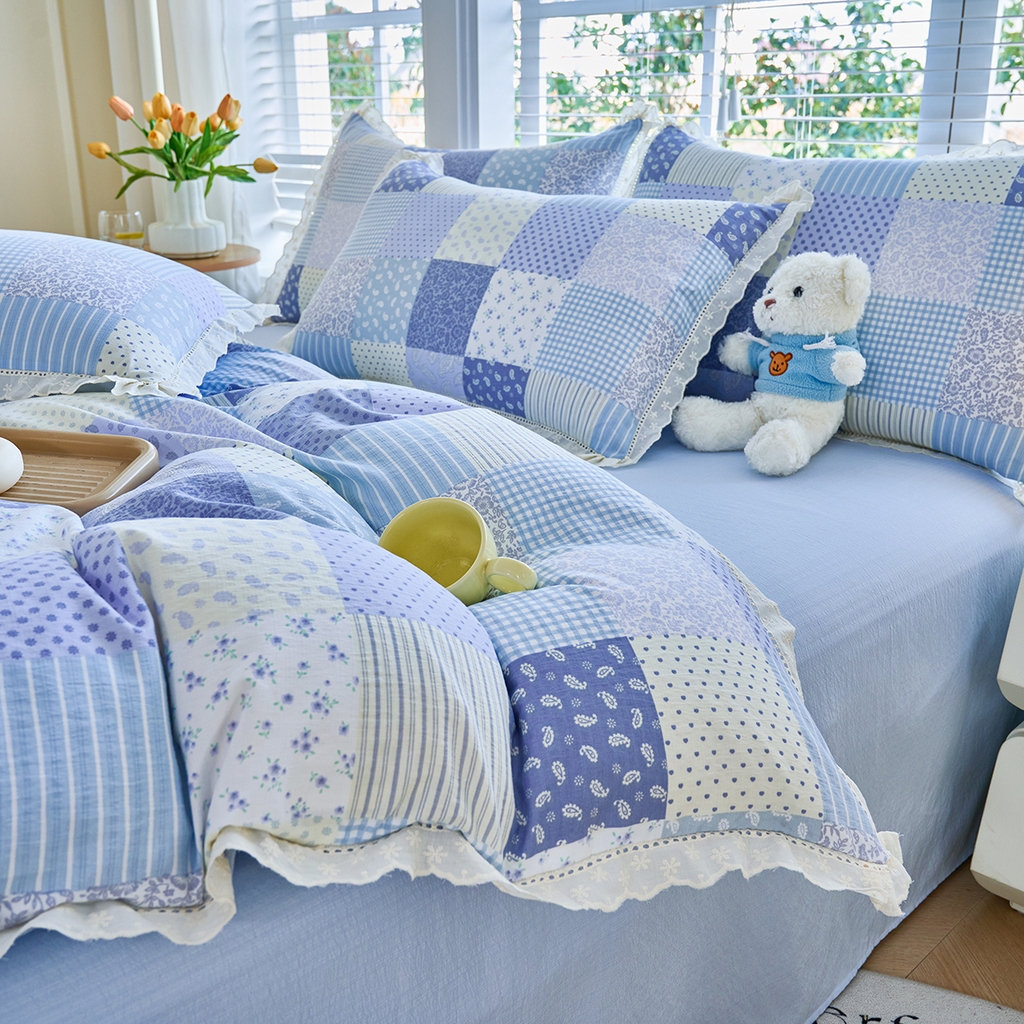 91家纺网 家纺一手货源 找家纺 钰锦珀家纺 2026春夏新款云感皱皱纱镂空花边三件套四件套 半亩花园