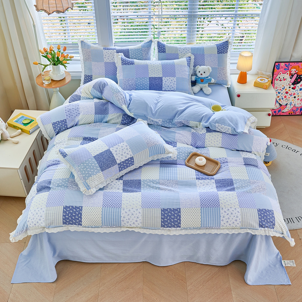 91家纺网 家纺一手货源 找家纺 钰锦珀家纺 2026春夏新款云感皱皱纱镂空花边三件套四件套 半亩花园