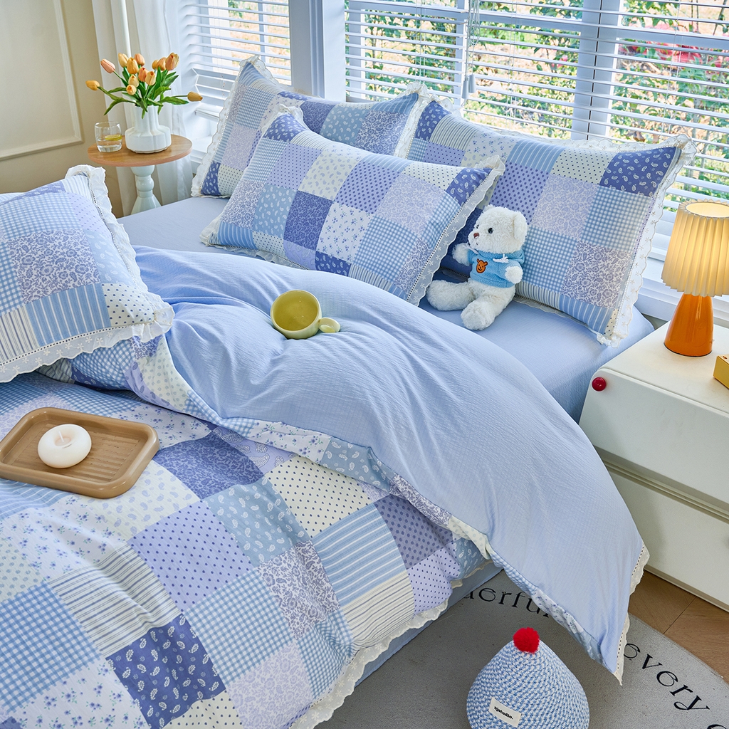 91家纺网 家纺一手货源 找家纺 钰锦珀家纺 2026春夏新款云感皱皱纱镂空花边三件套四件套 半亩花园