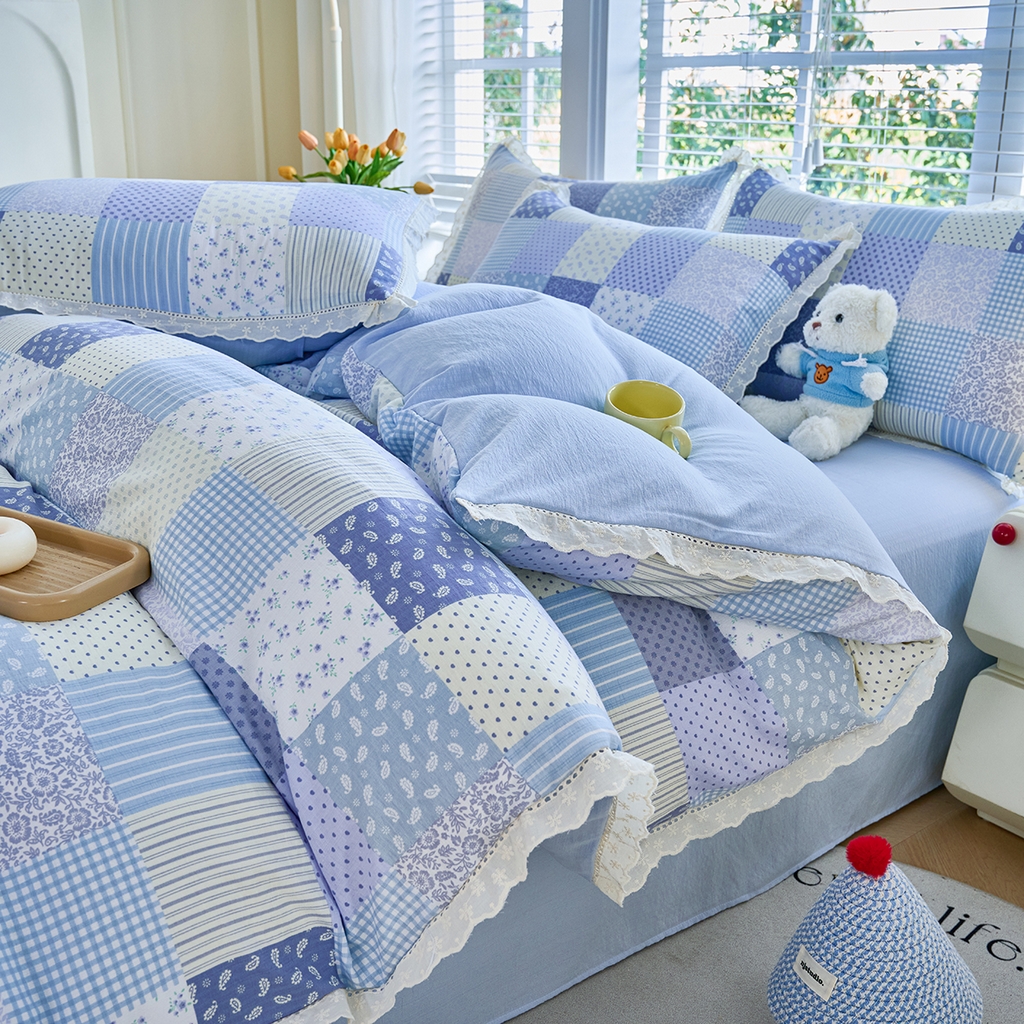 91家纺网 家纺一手货源 找家纺 钰锦珀家纺 2026春夏新款云感皱皱纱镂空花边三件套四件套 半亩花园