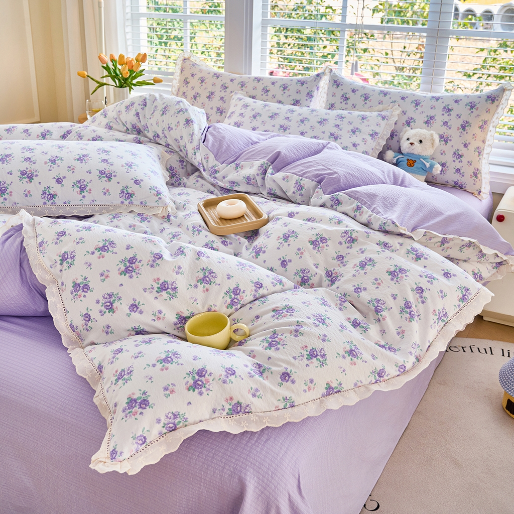 91家纺网 家纺一手货源 找家纺 钰锦珀家纺 2026春夏新款云感皱皱纱镂空花边三件套四件套 春晓