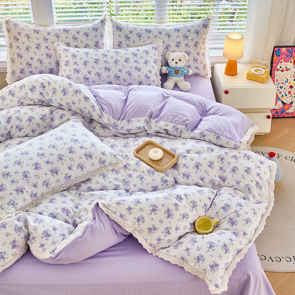 91家纺网 家纺一手货源 找家纺 钰锦珀家纺 2026春夏新款云感皱皱纱镂空花边三件套四件套 春晓