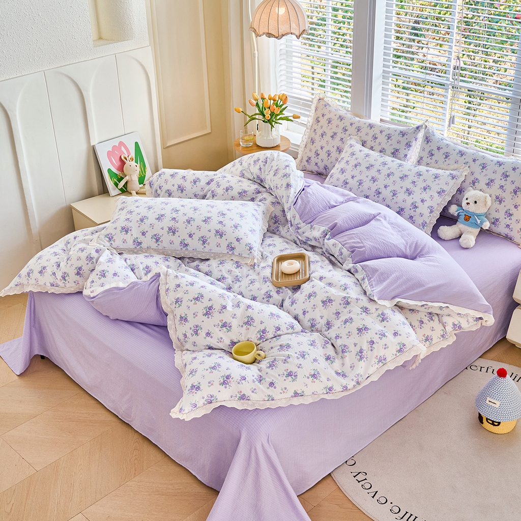 91家纺网 家纺一手货源 找家纺 钰锦珀家纺 2026春夏新款云感皱皱纱镂空花边三件套四件套 春晓