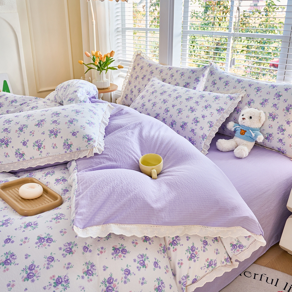 91家纺网 家纺一手货源 找家纺 钰锦珀家纺 2026春夏新款云感皱皱纱镂空花边三件套四件套 春晓