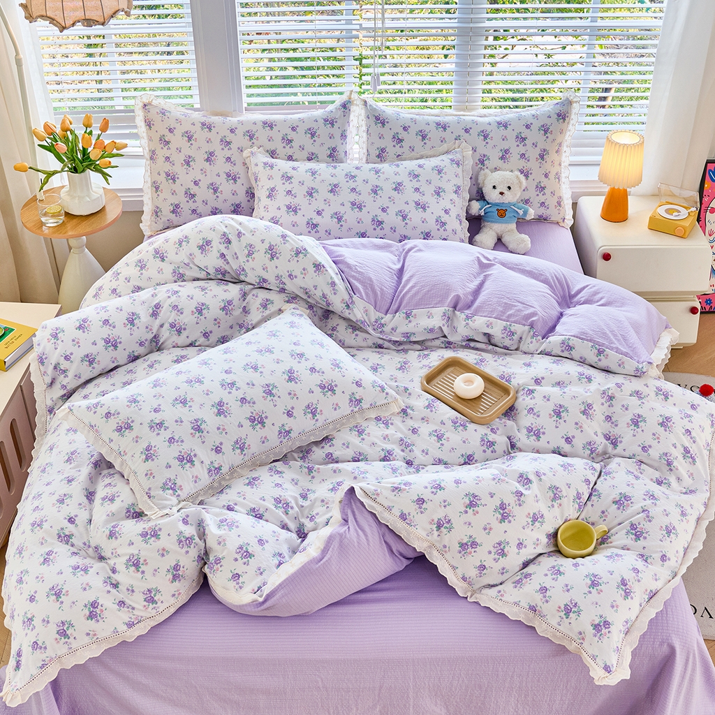 91家纺网 家纺一手货源 找家纺 钰锦珀家纺 2026春夏新款云感皱皱纱镂空花边三件套四件套 春晓