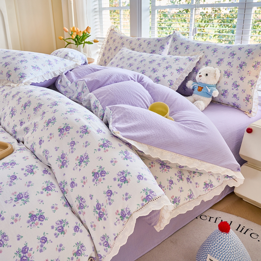 91家纺网 家纺一手货源 找家纺 钰锦珀家纺 2026春夏新款云感皱皱纱镂空花边三件套四件套 春晓