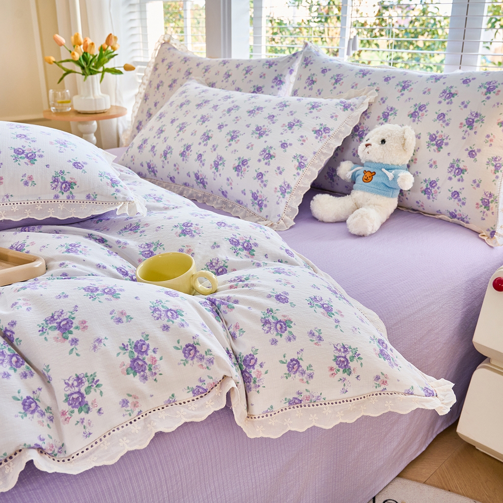 91家纺网 家纺一手货源 找家纺 钰锦珀家纺 2026春夏新款云感皱皱纱镂空花边三件套四件套 春晓