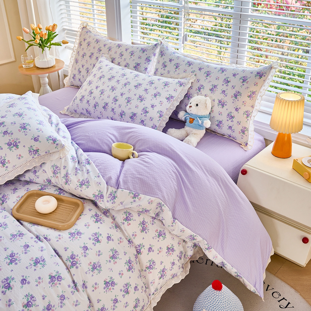 91家纺网 家纺一手货源 找家纺 钰锦珀家纺 2026春夏新款云感皱皱纱镂空花边三件套四件套 春晓