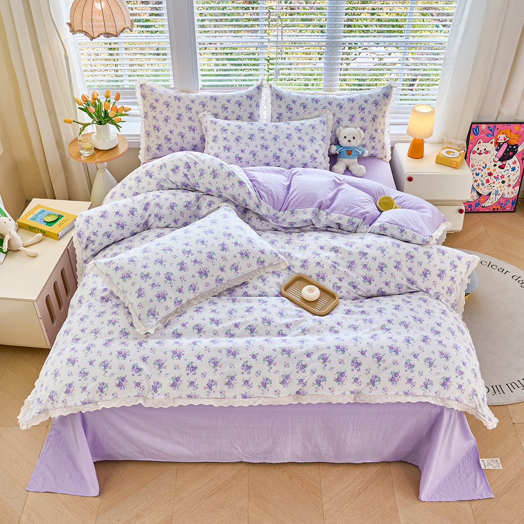 91家纺网 家纺一手货源 找家纺 钰锦珀家纺 2026春夏新款云感皱皱纱镂空花边三件套四件套 春晓