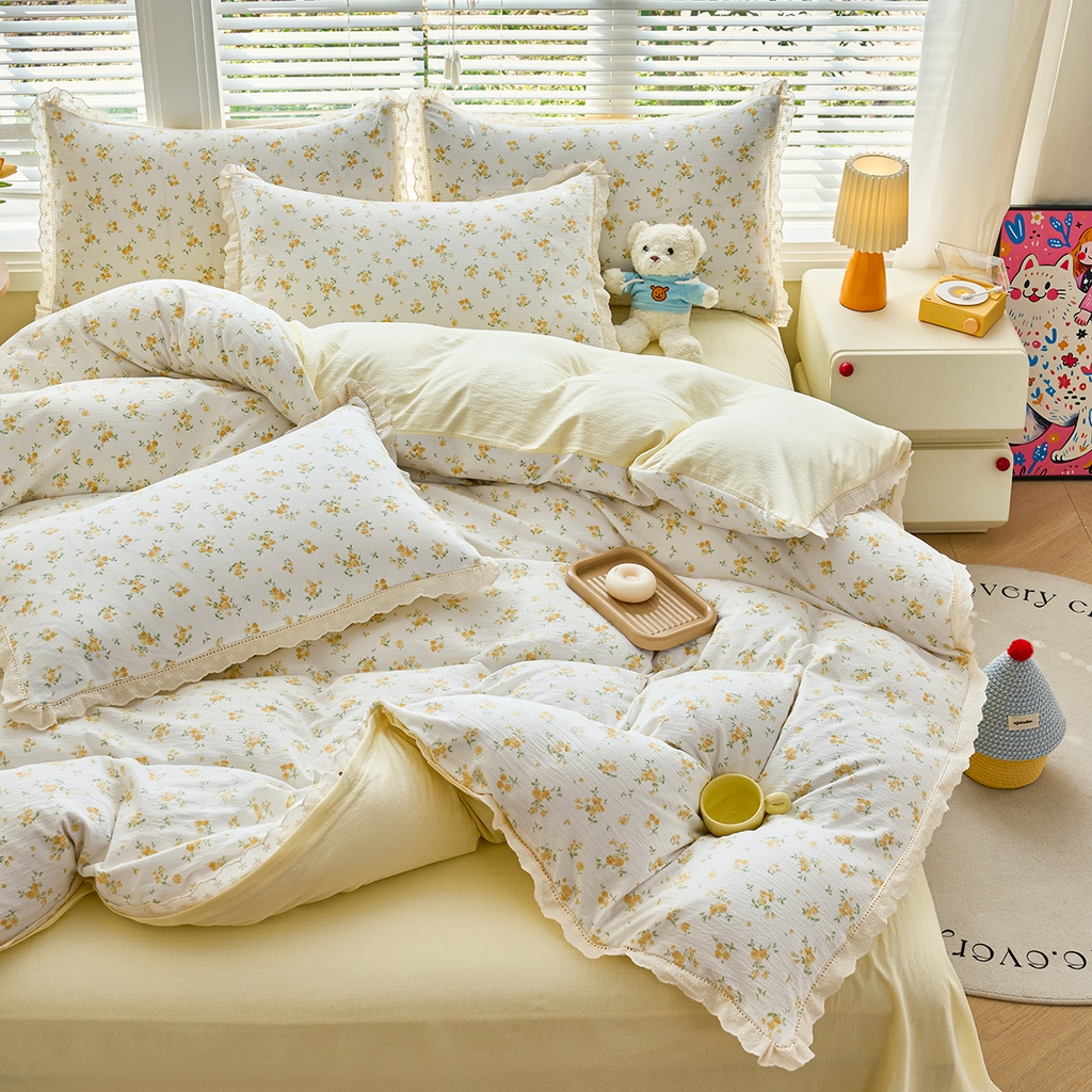 91家纺网 家纺一手货源 找家纺 钰锦珀家纺 2026春夏新款云感皱皱纱镂空花边三件套四件套 梨花落