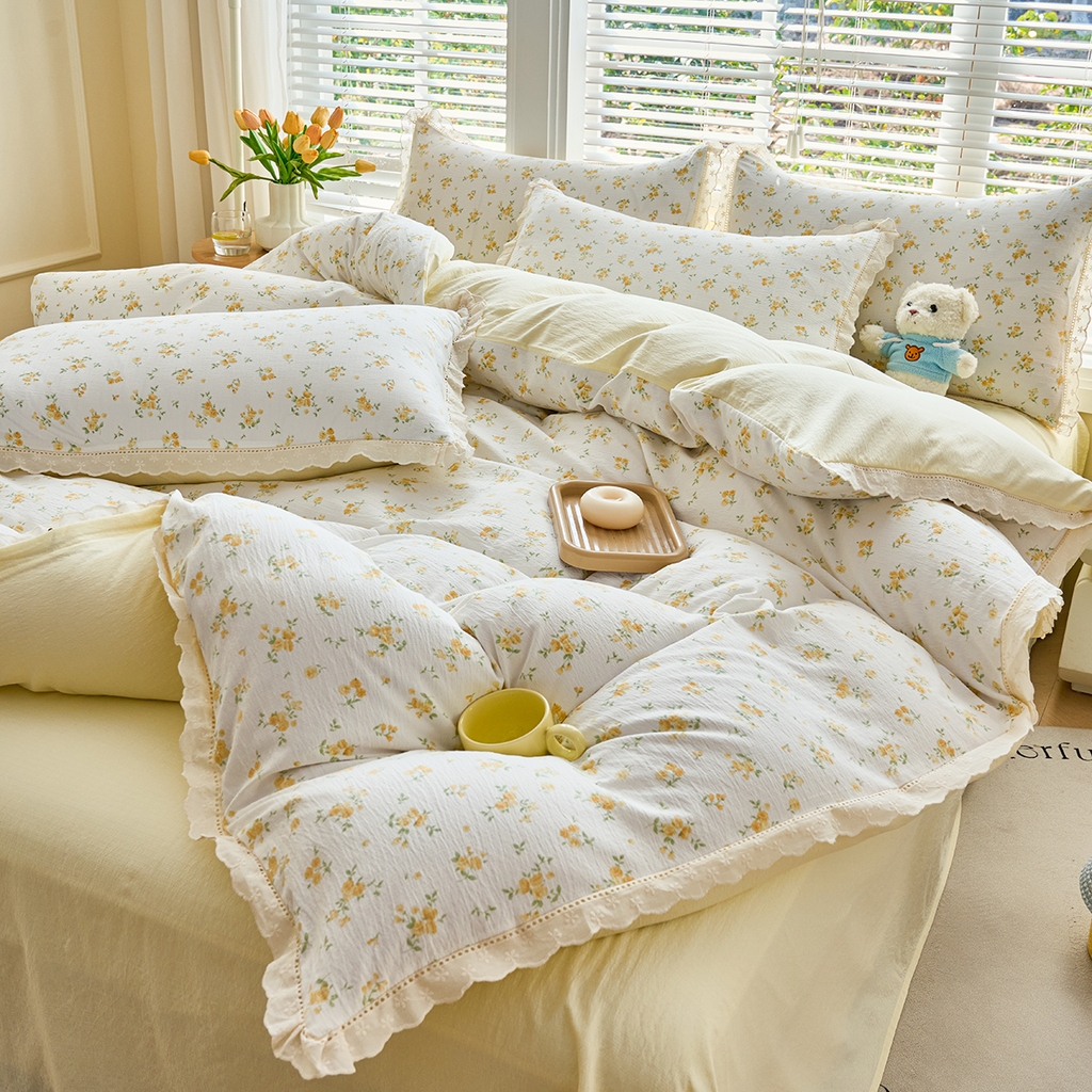 91家纺网 家纺一手货源 找家纺 钰锦珀家纺 2026春夏新款云感皱皱纱镂空花边三件套四件套 梨花落