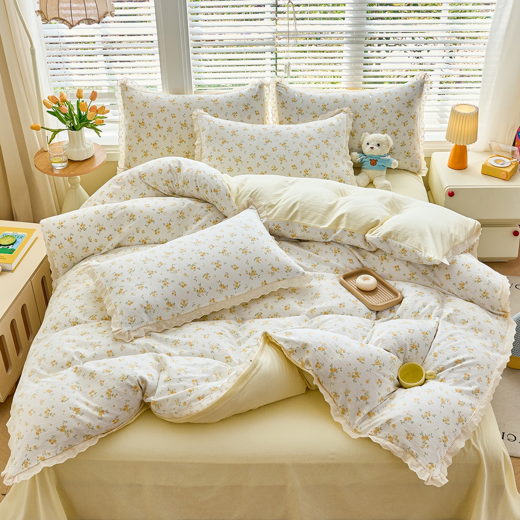 91家纺网 家纺一手货源 找家纺 钰锦珀家纺 2026春夏新款云感皱皱纱镂空花边三件套四件套 梨花落