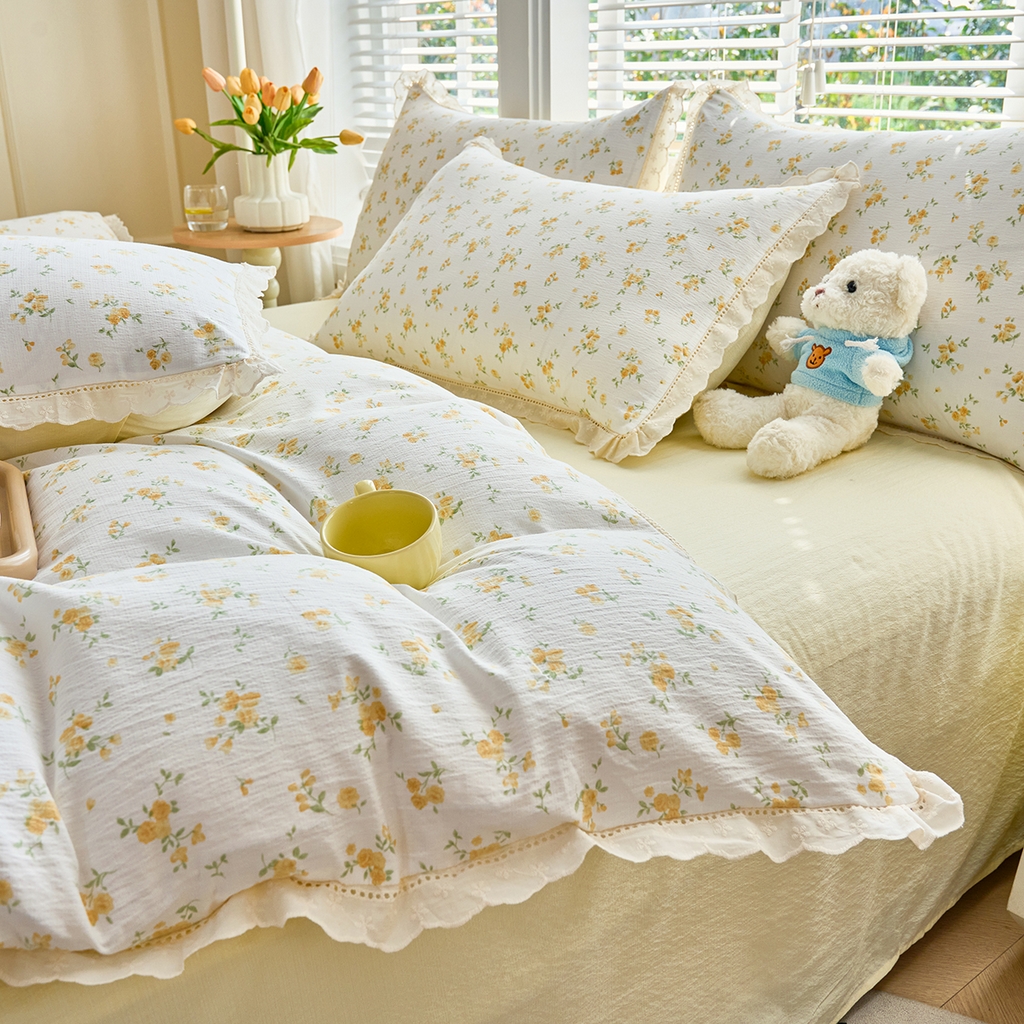 91家纺网 家纺一手货源 找家纺 钰锦珀家纺 2026春夏新款云感皱皱纱镂空花边三件套四件套 梨花落