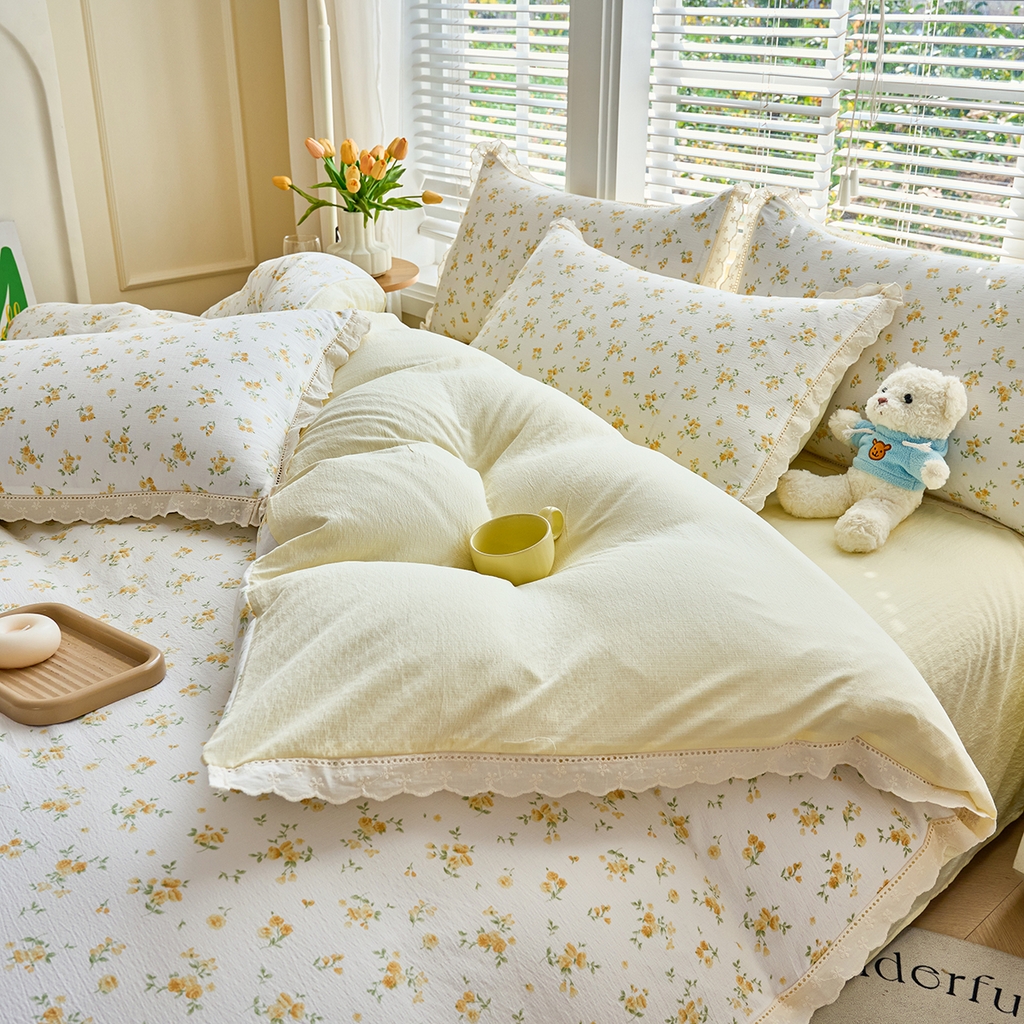 91家纺网 家纺一手货源 找家纺 钰锦珀家纺 2026春夏新款云感皱皱纱镂空花边三件套四件套 梨花落