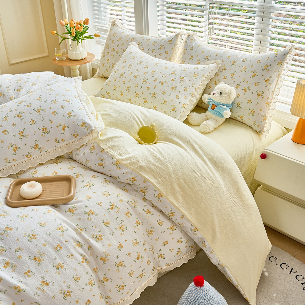 91家纺网 家纺一手货源 找家纺 钰锦珀家纺 2026春夏新款云感皱皱纱镂空花边三件套四件套 梨花落