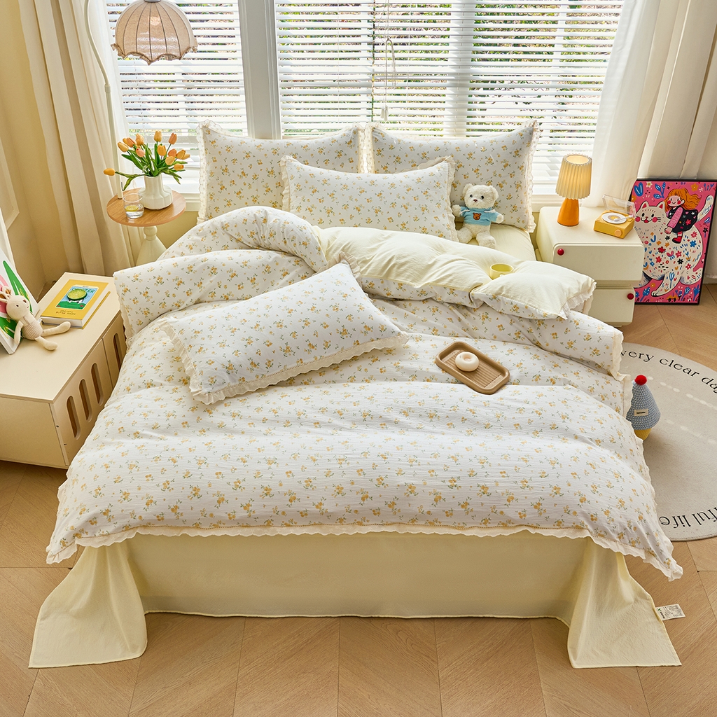 91家纺网 家纺一手货源 找家纺 钰锦珀家纺 2026春夏新款云感皱皱纱镂空花边三件套四件套 梨花落