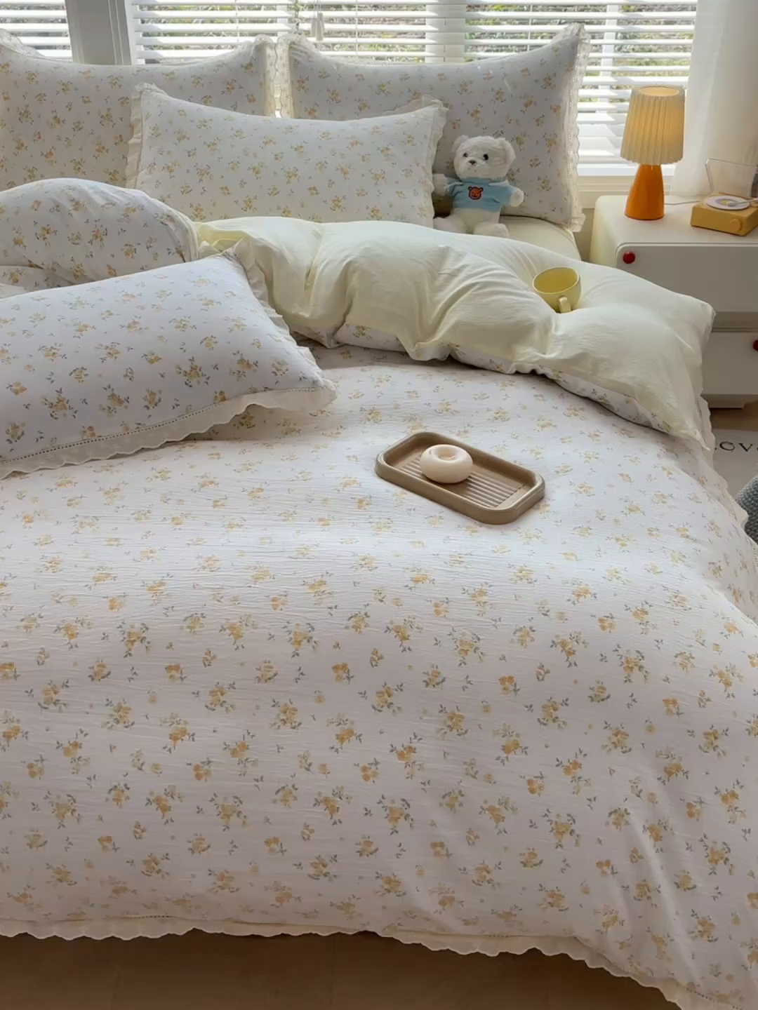 91家纺网 家纺一手货源 找家纺 钰锦珀家纺 2026春夏新款云感皱皱纱镂空花边三件套四件套 梨花落