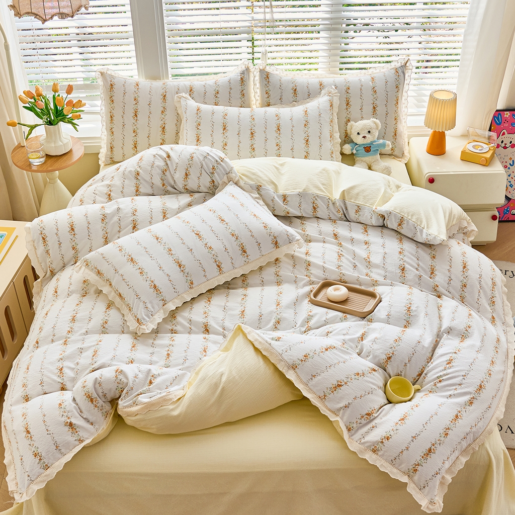 91家纺网 家纺一手货源 找家纺 钰锦珀家纺 2026春夏新款云感皱皱纱镂空花边三件套四件套 洛克庄园