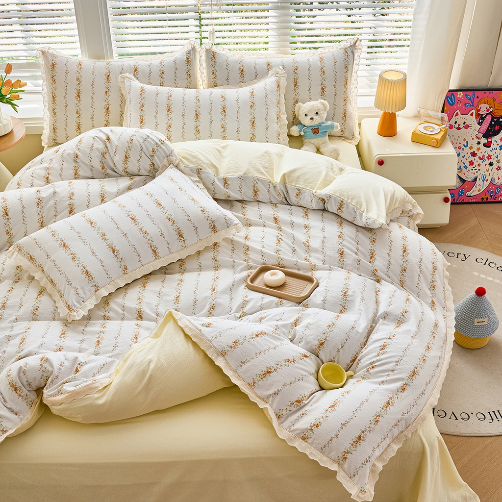 91家纺网 家纺一手货源 找家纺 钰锦珀家纺 2026春夏新款云感皱皱纱镂空花边三件套四件套 洛克庄园