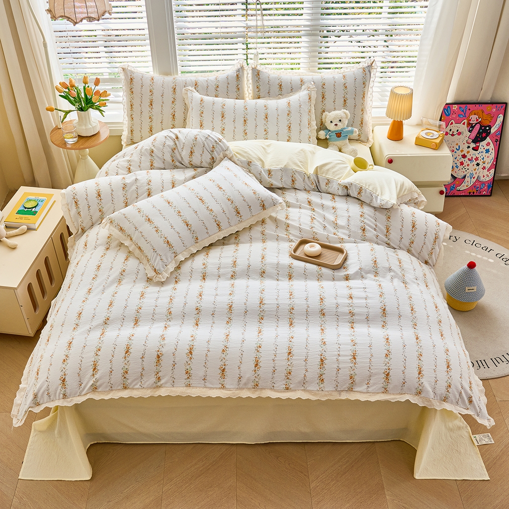 91家纺网 家纺一手货源 找家纺 钰锦珀家纺 2026春夏新款云感皱皱纱镂空花边三件套四件套 洛克庄园