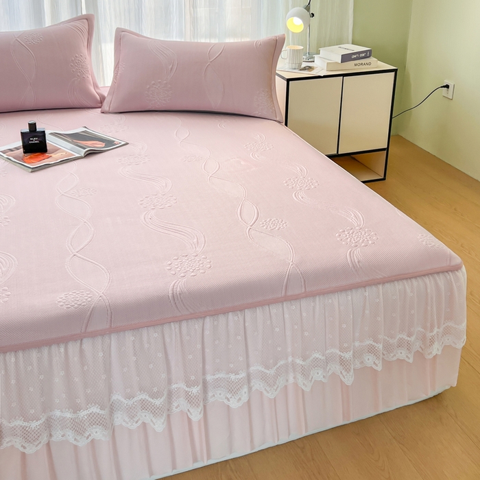 91家纺网 家纺一手货源 找家纺 （总）库里梦家纺 2026新款高克重复合蕾丝花边PE高分子凉席-床裙款