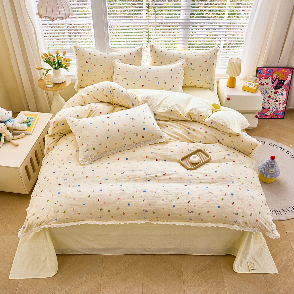 91家纺网 家纺一手货源 找家纺 钰锦珀家纺 2026春夏新款云感皱皱纱镂空花边三件套四件套 奶油芝士