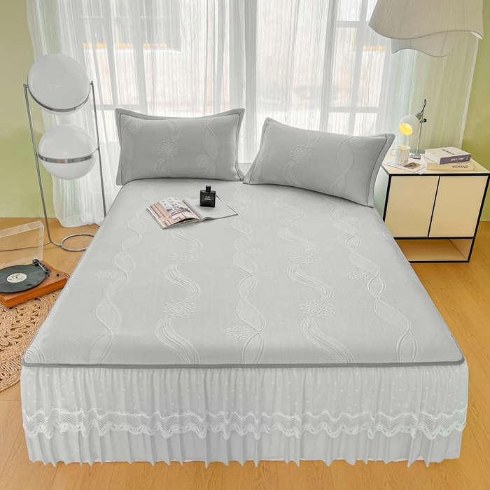 库里梦家纺 2026新款高克重复合蕾丝花边PE高分子凉席-床裙款 芳菲-灰色