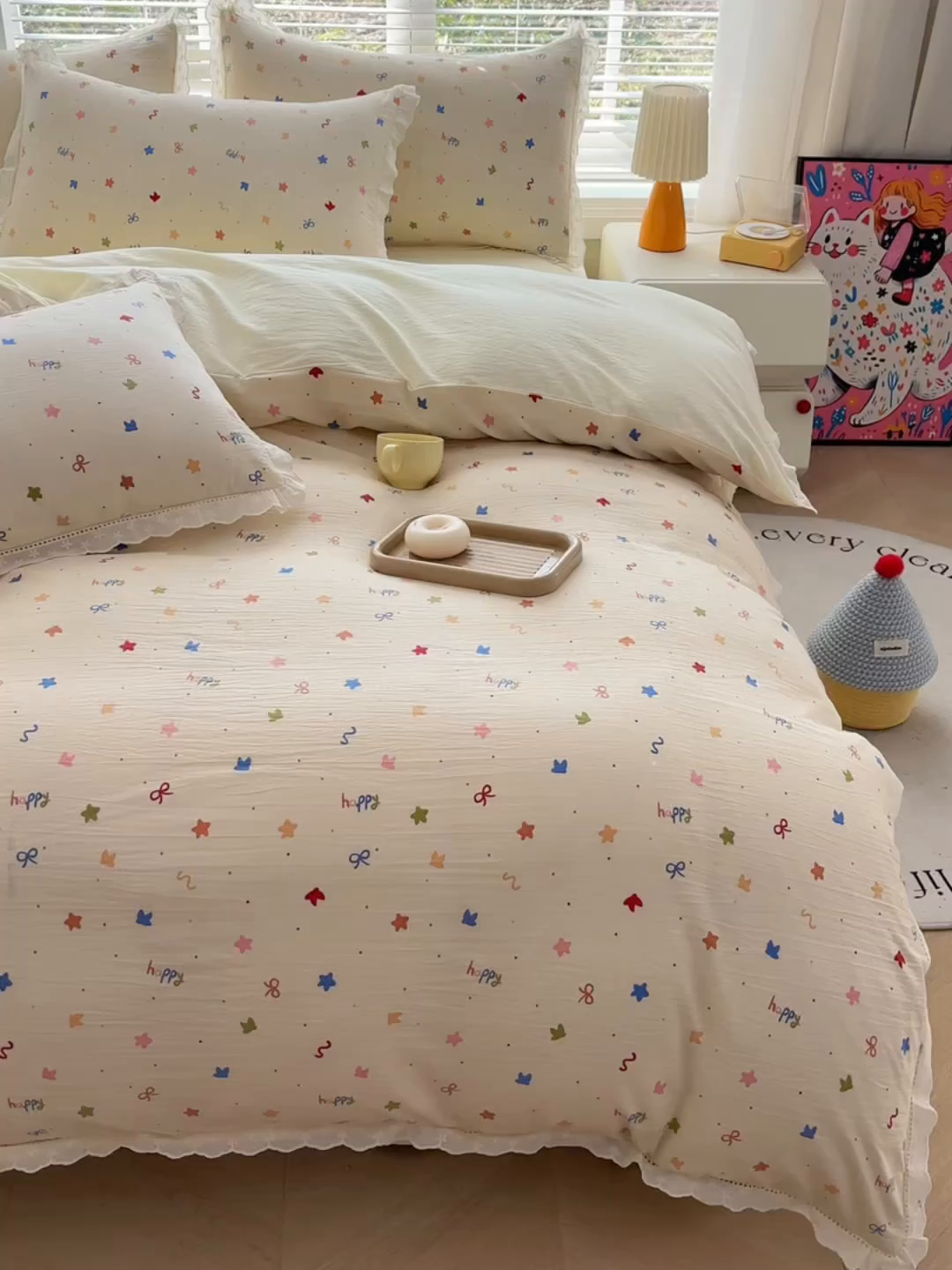 91家纺网 家纺一手货源 找家纺 钰锦珀家纺 2026春夏新款云感皱皱纱镂空花边三件套四件套 奶油芝士