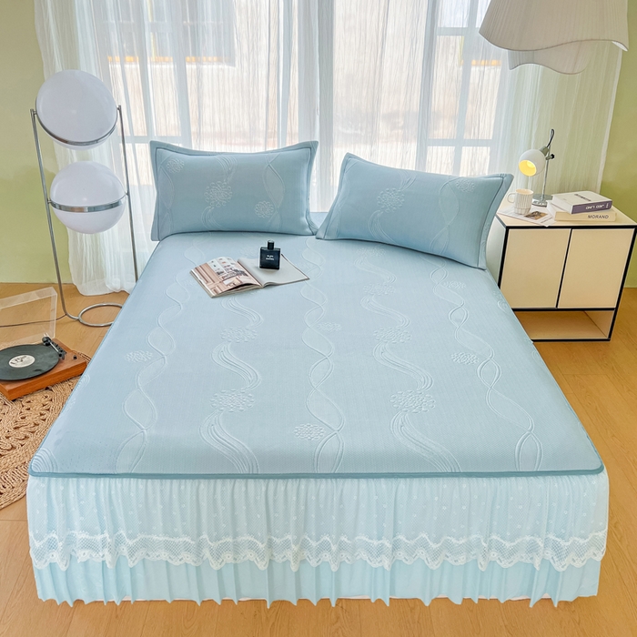 库里梦家纺 2026新款高克重复合蕾丝花边PE高分子凉席-床裙款 芳菲-蓝色