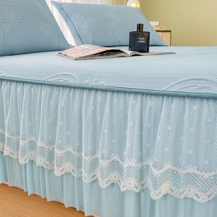91家纺网 家纺一手货源 找家纺 库里梦家纺 2026新款高克重复合蕾丝花边PE高分子凉席-床裙款 芳菲-蓝色