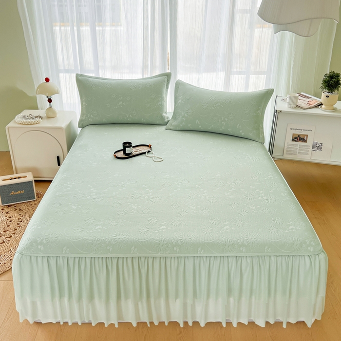 库里梦家纺 2026新款高克重复合蕾丝花边PE高分子凉席-床裙款 素瑾-绿色