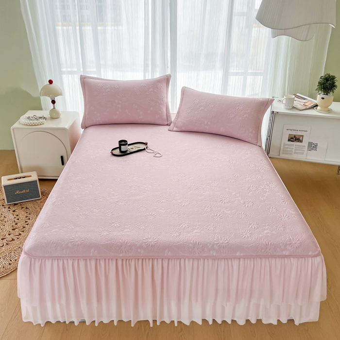 库里梦家纺 2026新款高克重复合蕾丝花边PE高分子凉席-床裙款 素瑾-粉色