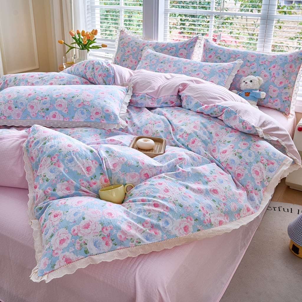 91家纺网 家纺一手货源 找家纺 钰锦珀家纺 2026春夏新款云感皱皱纱镂空花边三件套四件套 悠野