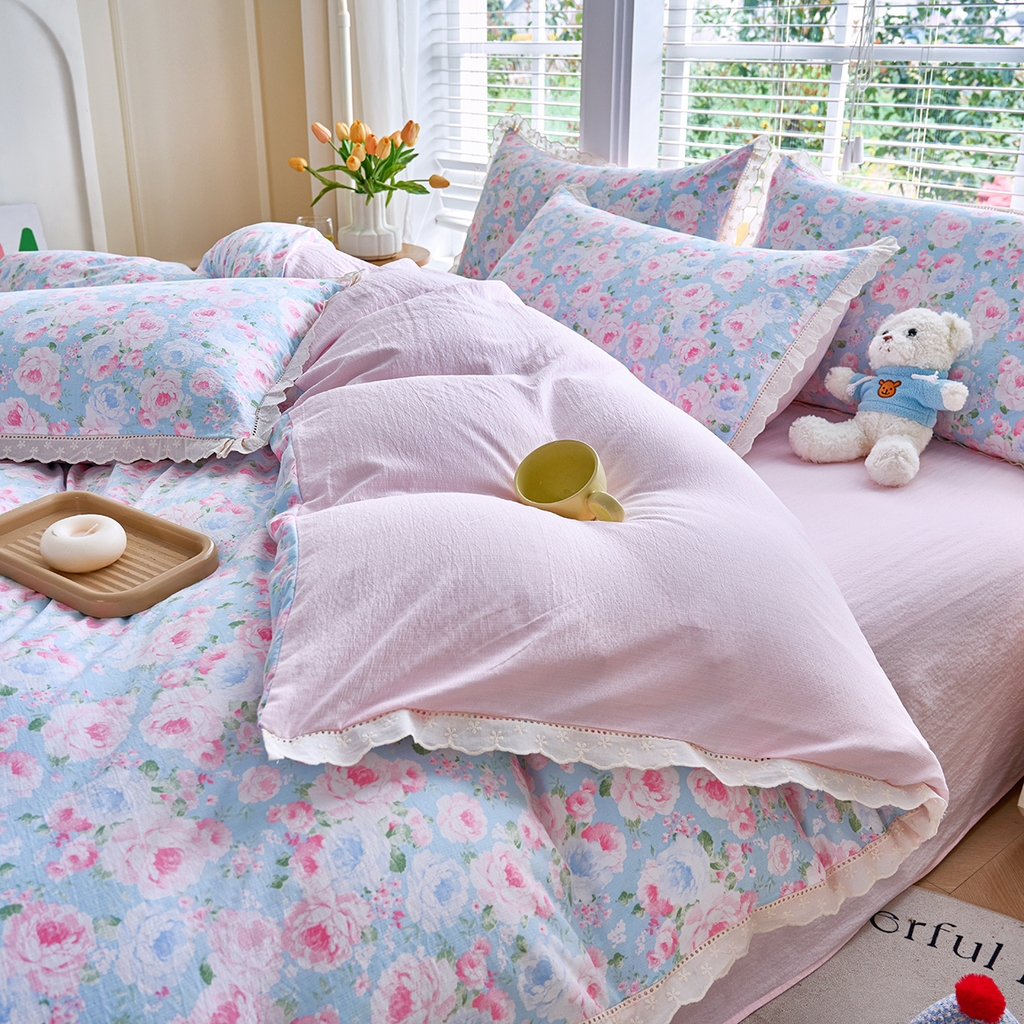 91家纺网 家纺一手货源 找家纺 钰锦珀家纺 2026春夏新款云感皱皱纱镂空花边三件套四件套 悠野