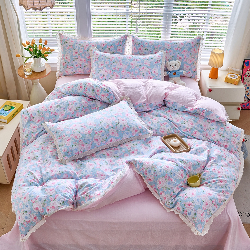 91家纺网 家纺一手货源 找家纺 钰锦珀家纺 2026春夏新款云感皱皱纱镂空花边三件套四件套 悠野