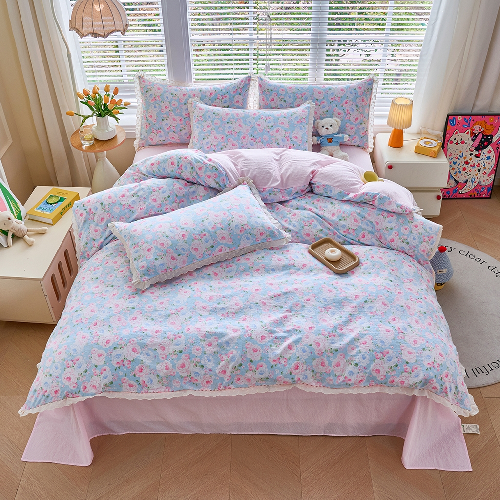 91家纺网 家纺一手货源 找家纺 钰锦珀家纺 2026春夏新款云感皱皱纱镂空花边三件套四件套 悠野