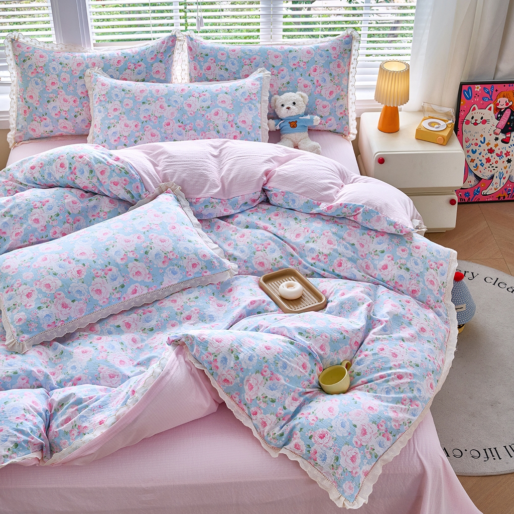 91家纺网 家纺一手货源 找家纺 钰锦珀家纺 2026春夏新款云感皱皱纱镂空花边三件套四件套 悠野