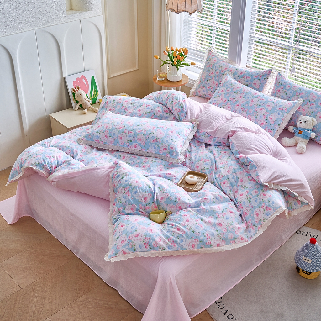 91家纺网 家纺一手货源 找家纺 钰锦珀家纺 2026春夏新款云感皱皱纱镂空花边三件套四件套 悠野