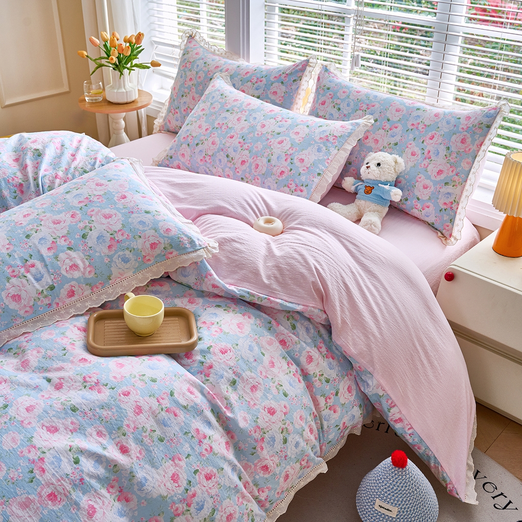 91家纺网 家纺一手货源 找家纺 钰锦珀家纺 2026春夏新款云感皱皱纱镂空花边三件套四件套 悠野