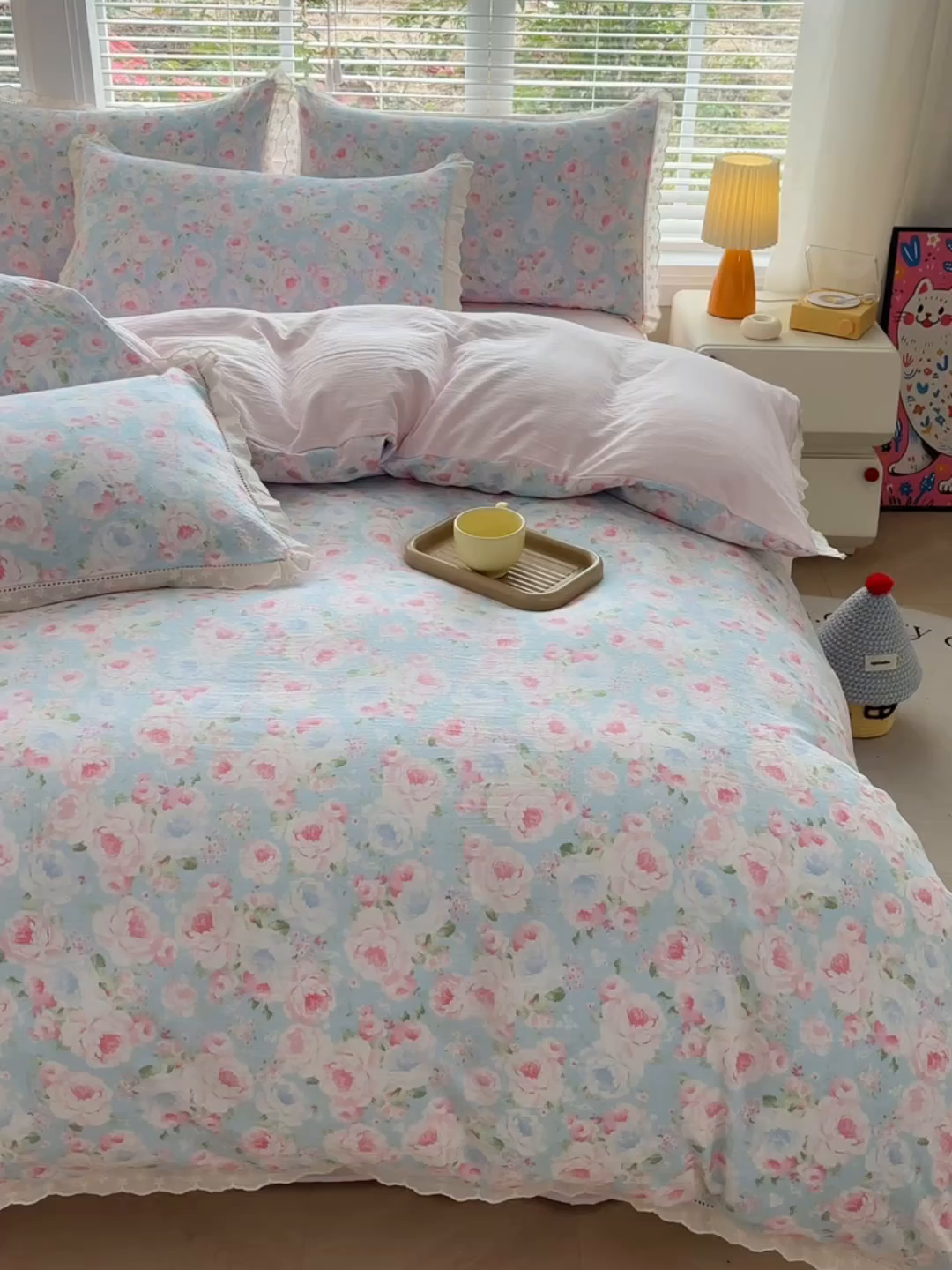 91家纺网 家纺一手货源 找家纺 钰锦珀家纺 2026春夏新款云感皱皱纱镂空花边三件套四件套 悠野