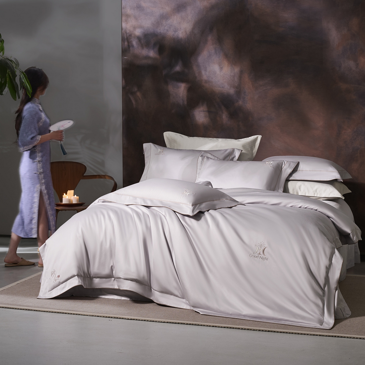 91家纺网 家纺一手货源 找家纺 玖玖爱家纺 2026新款奢织黄金长绒棉四件套晚安好梦系列 松烟灰